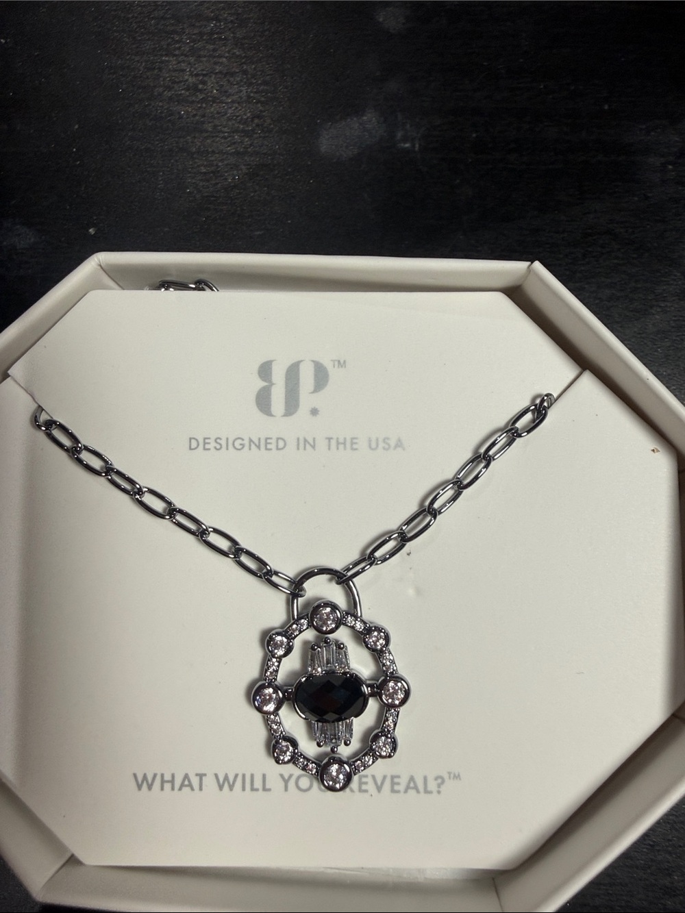 bp Silver-Tone Necklace with Black Stone and Crystal Accents